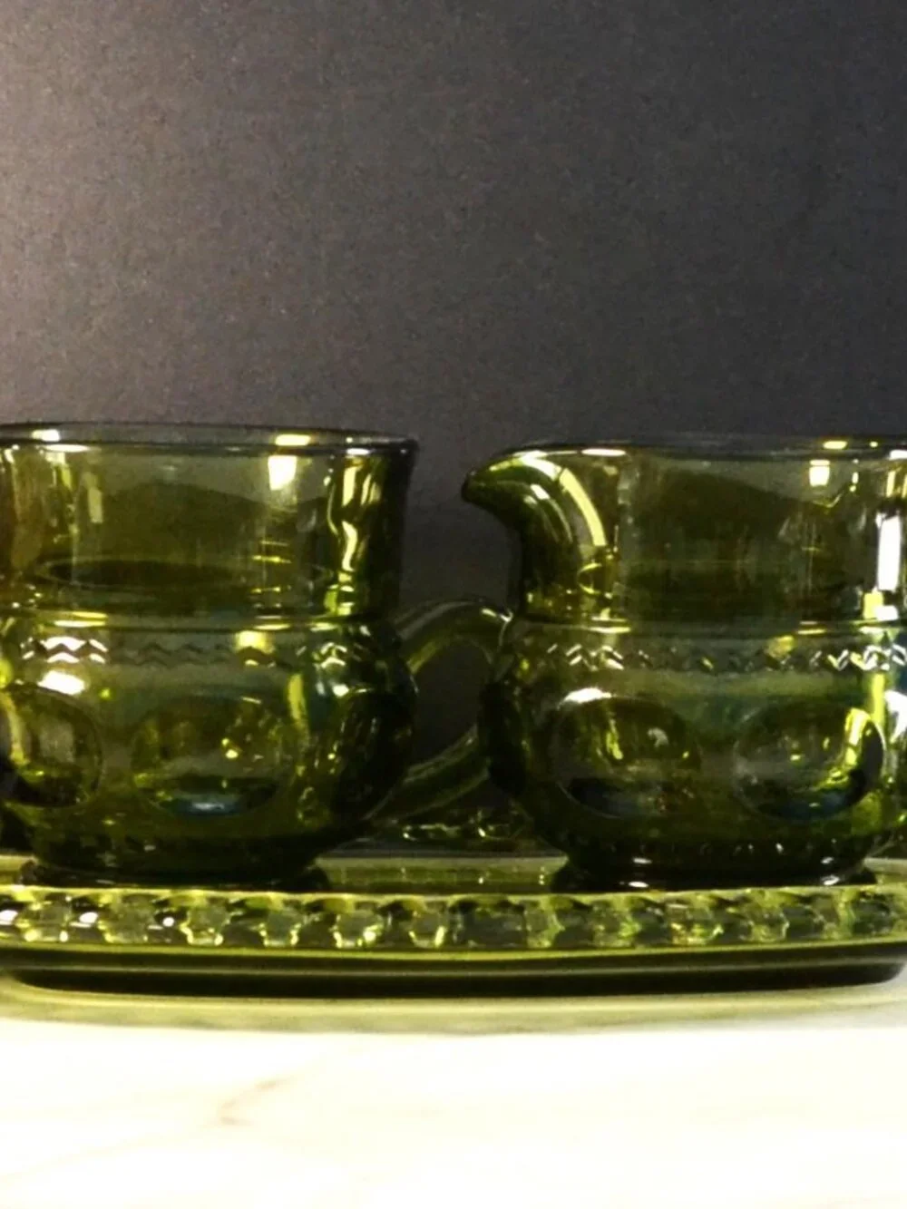 Vintage Indiana Glass King's Crown Thumbprint 3pc Set Creamer Sugar Green